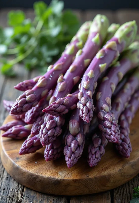 Violetiniai smidrai, švieži ir elegantiški, ant rustiško medinio fono