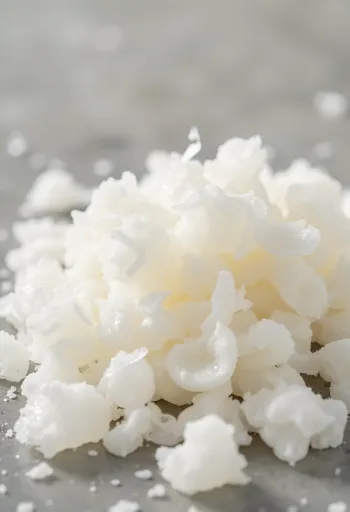 Agaro milteliai ir agaro dribsniai ant medinio paviršiaus, dubenėlyje ir šalia želė