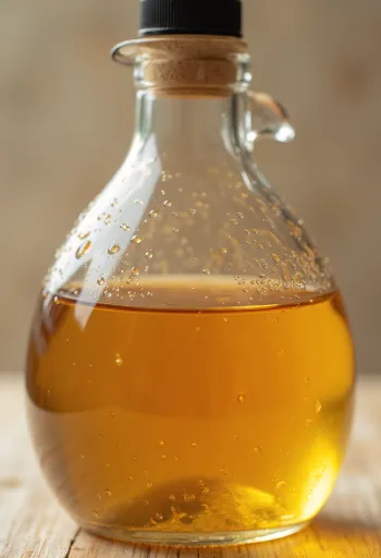 Obuolių sidro actas stikliniame dubenėlyje, aplink švieži obuoliai, obuolių skiltelės, žievelės ir acto motina butelyje