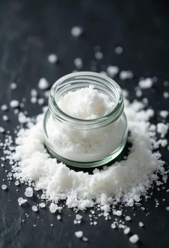 Askorbo rūgštis miltelių pavidalu mažame dubenėlyje ir medinis šaukštas