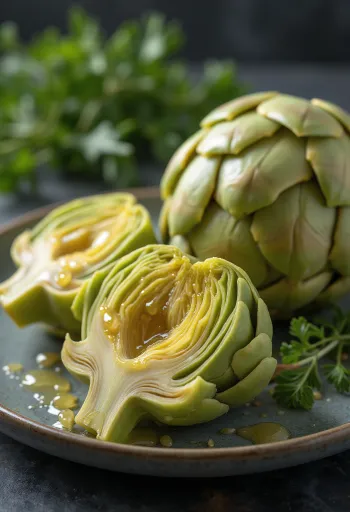 Artišokų šerdys, kruopščiai nuvalytos, kaimiškame mediniame fone