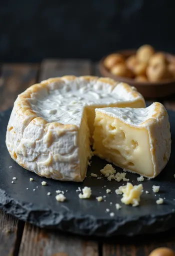 Šviežias Brie sūris baltame keramikiniame dubenėlyje ant medinio stalo