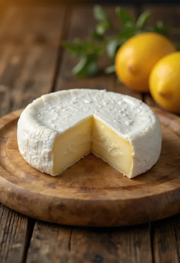 Šviežias Camembert sūris baltame keramikiniame dubenėlyje ant medinio stalo