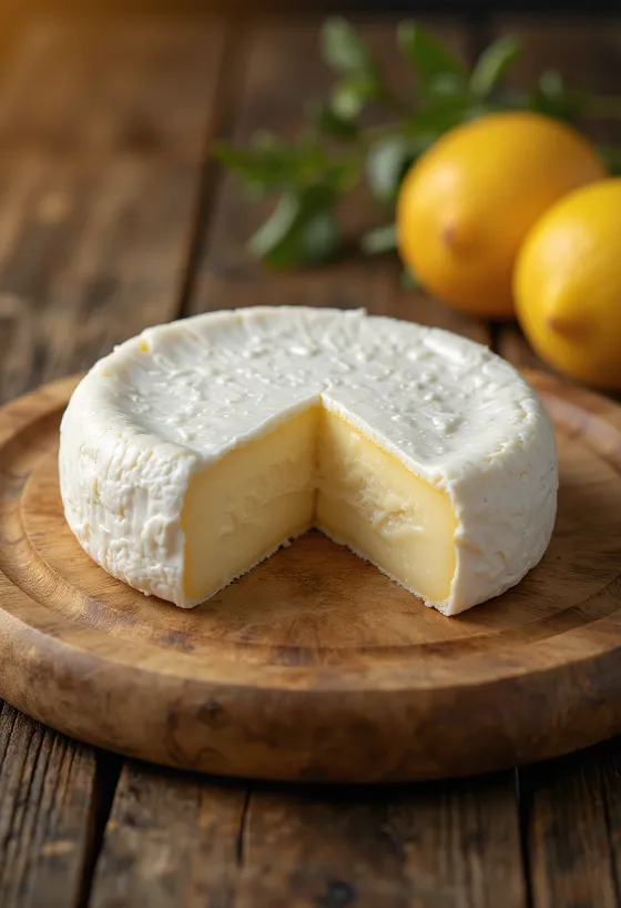 Šviežias Camembert sūris baltame keramikiniame dubenėlyje ant medinio stalo