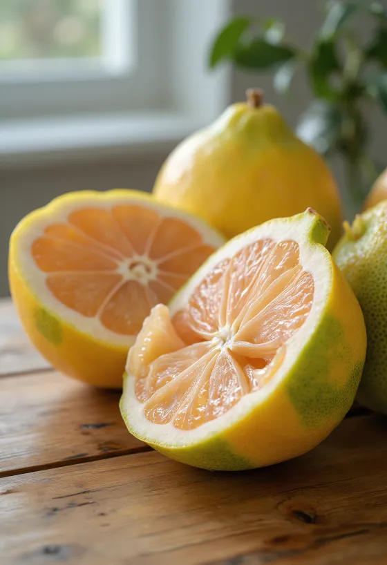 Sveiki ir pjaustyti Pomelo vaisiai ant kaimiško medinio paviršiaus