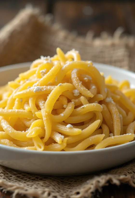 Kietųjų kviečių makaronai kaimiškame keraminiame dubenyje ant medinio paviršiaus