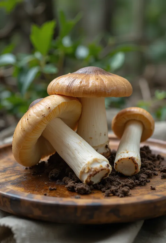 Supjaustyti ir nuvalyti Matsutake grybai ant medinės pjaustymo lentelės
