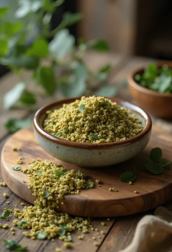 Freekeh grūdai ir virti freekeh dubenėlyje ant medinio paviršiaus