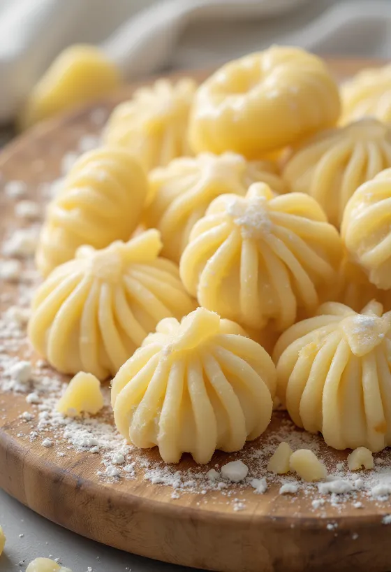 Žali Gnocchi njokiai ant miltais pabarstyto medinio paviršiaus