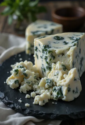 Šviežias Gorgonzola sūris baltame keramikiniame dubenėlyje ant medinio stalo