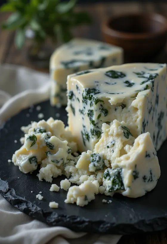 Šviežias Gorgonzola sūris baltame keramikiniame dubenėlyje ant medinio stalo
