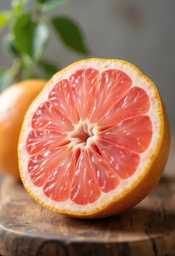 Šviežias perpjautas greipfrutas ant medinio paviršiaus su žaliais lapeliais