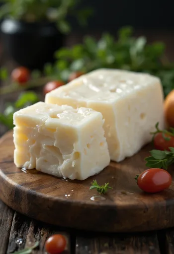 Šviežias Halloumi sūris baltame keramikiniame dubenyje ant medinio stalo