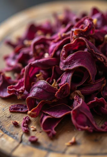 Džiovinti hibisko žiedlapiai dubenėlyje, su mediniu šaukštu, išbarstyti ant stalo