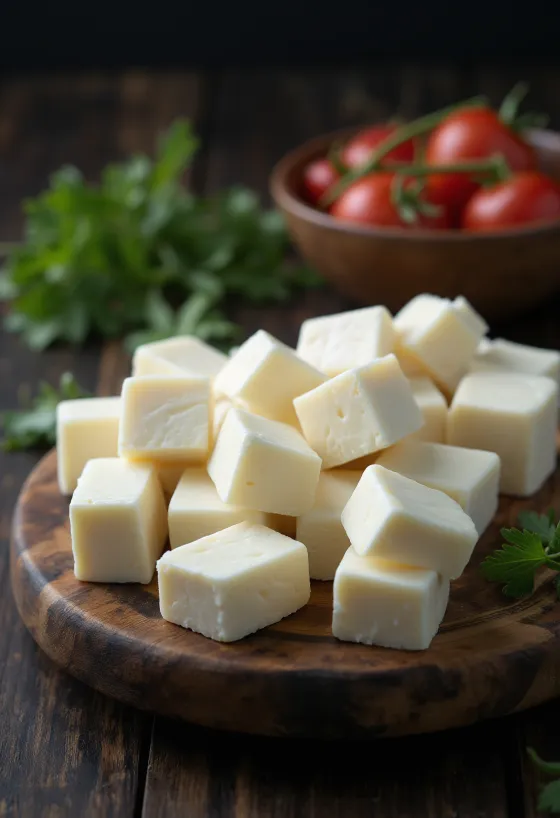 Šviežias indiškas Paneer sūris baltame keramikiniame dubenėlyje ant medinio stalo