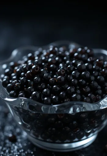 Juodieji ikrai elegantiškame dubenėlyje arba ant perlamutrinio šaukštelio, prabangus ingredientas