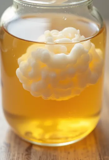 Kombučios pagrindo ingredientai: SCOBY, juodoji arbata, cukrus ir fermentacijos indas ant medinio paviršiaus