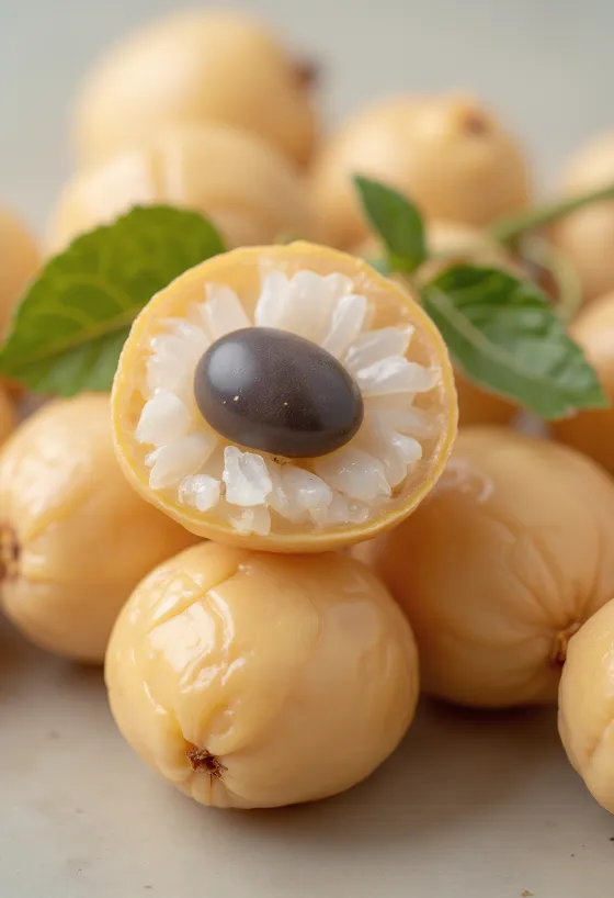 Sveiki ir perpjauti longano vaisiai baltu minkštimu ir juoda sėkla ant medinio paviršiaus