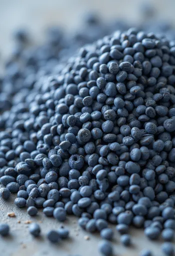 Aguonų sėklos keraminiame dubenėlyje ir išbarstytos ant šviesaus paviršiaus