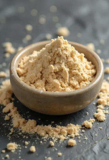 Baobabo milteliai mažame buteliuke, žemės rudumo spalvos, aplink švieži baobabo vaisiai