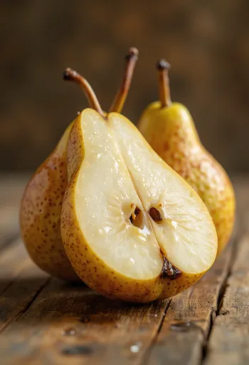 Bosc kriaušės griežinėliai ir sveiki vaisiai ant pjaustymo lentelės