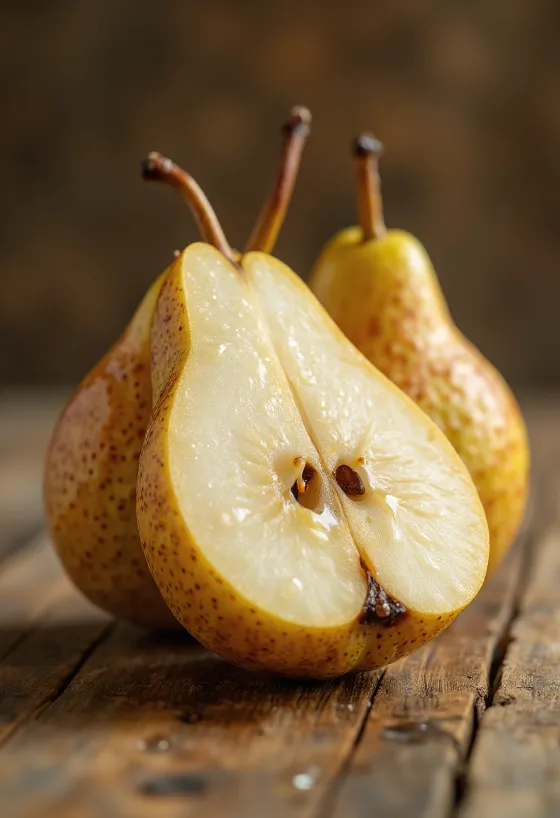 Bosc kriaušės griežinėliai ir sveiki vaisiai ant pjaustymo lentelės