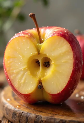 Švieži 'Honeycrisp' obuoliai ir skiltelės ant pjaustymo lentelės