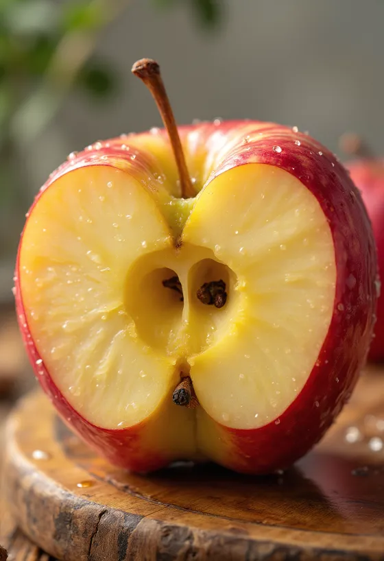 Švieži 'Honeycrisp' obuoliai ir skiltelės ant pjaustymo lentelės