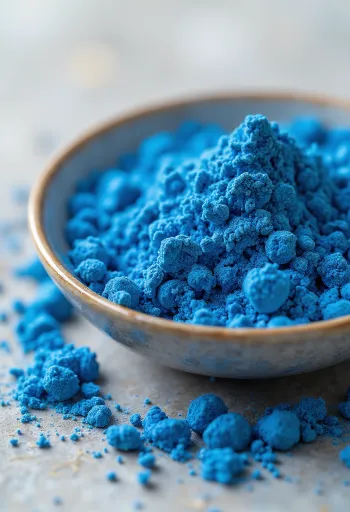 Mėlynosios spirulinos milteliai mažame indelyje, ryškiai mėlynos spalvos, apsupti spirulinos dumblių