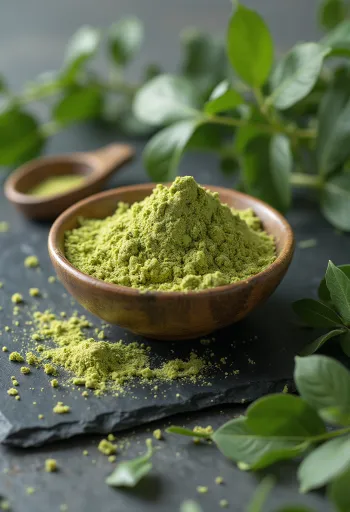 Moringa milteliai mažame indelyje, sodrios žalios spalvos, aplink švieži moringos lapai