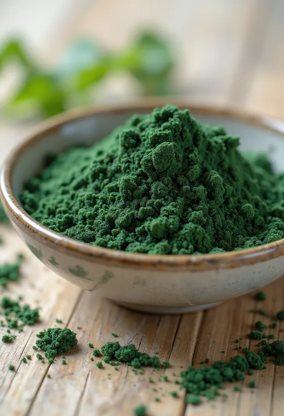 Spirulinos milteliai mažame indelyje, sodrios žalios spalvos, aplinkui spirulinos tabletės
