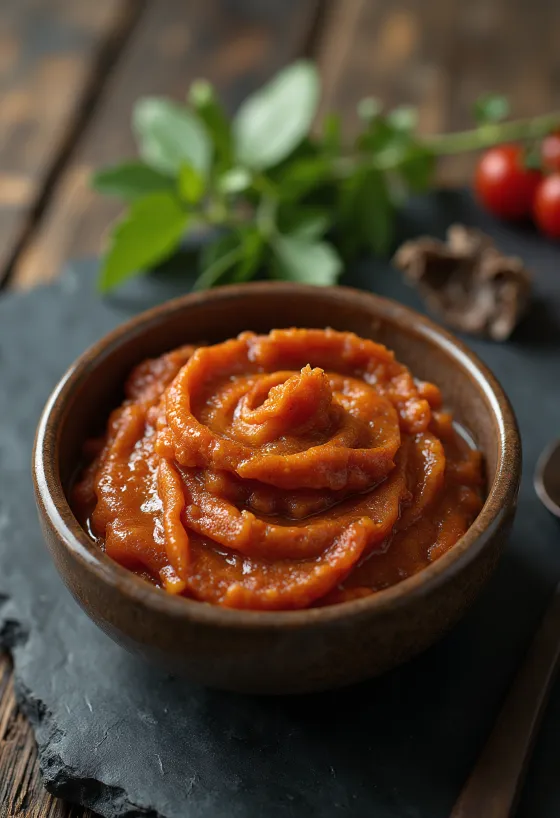 Raudonojo kario pasta mažame stiklainyje, sodrios raudonos spalvos, aplink prieskoniai, tokie kaip džiovinti raudonieji čili pipirai, česnakai ir askaloniniai česnakai