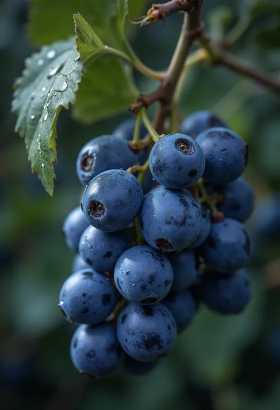 Kékfrankos vynuogių kekė iš arti, šviežios ir sultingos uogos melsvai violetine odele