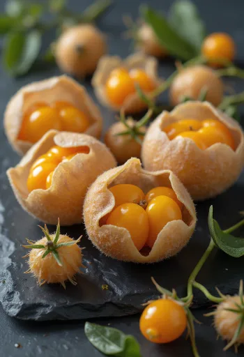 Perų dumplūnės (Physalis) uogos, ryškiai oranžinė spalva ir popierinė luobelė