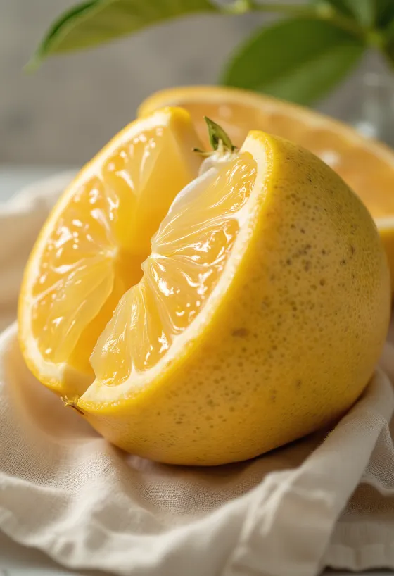 Pomelo skiltelė, ryškiai geltonas ir rausvas minkštimas, šviežia tekstūra