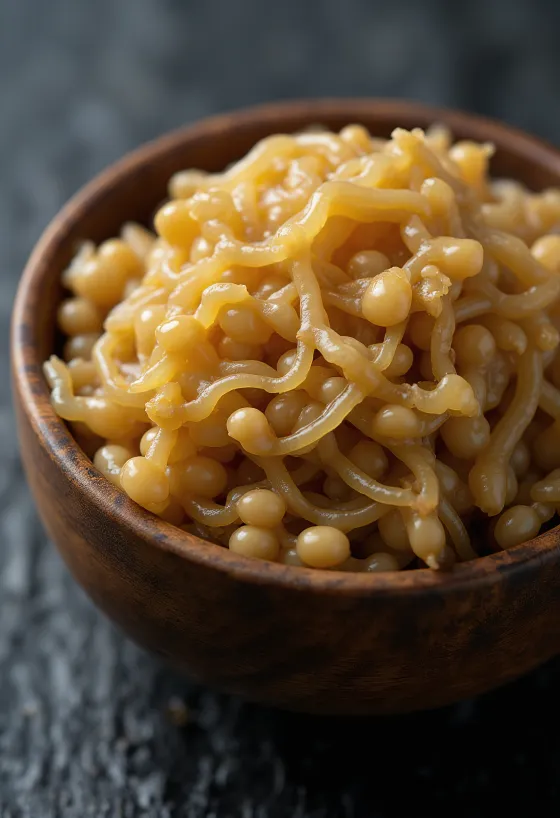 Natto fermentuotos sojos pupelės dubenėlyje, lipnios tekstūros, su mediniu šaukštu
