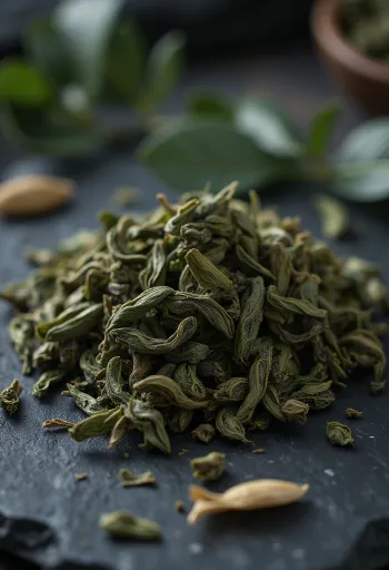 Oolong arbata biri, dubenėlyje ir išberta ant virtuvinio paviršiaus
