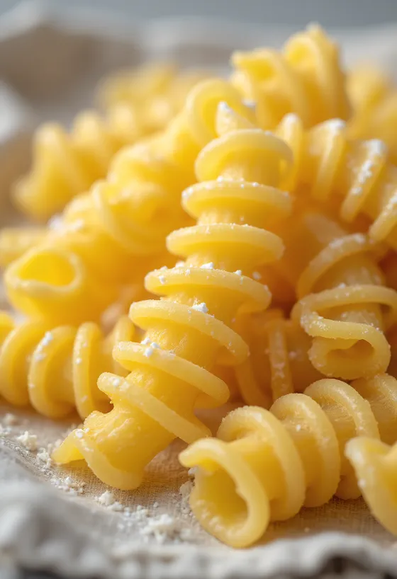 Sausi fusilli makaronai ant medinio paviršiaus, spiralės formos
