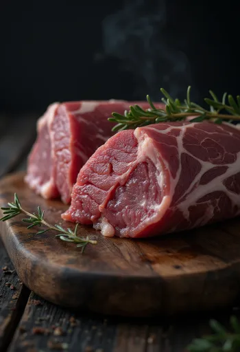 Šviežios stirnienos gabalėliai su kadagio uogomis, rozmarinu ir česnaku ant medinio paviršiaus