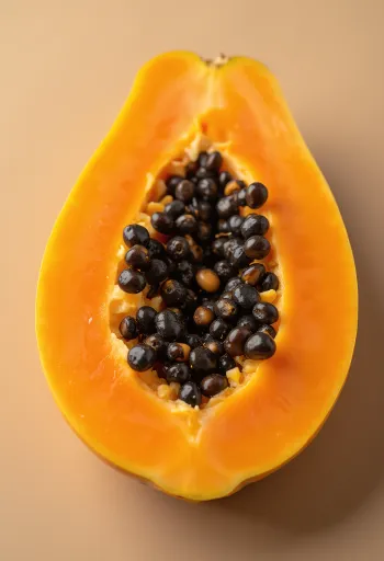 Šviežia, pjaustyta papaja ant medinio paviršiaus su juodomis sėklomis