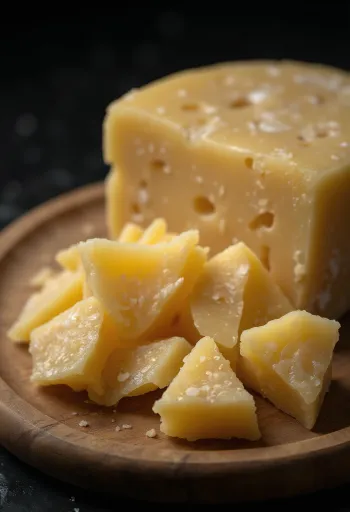 Pjaustytas ir tarkuotas parmezanas ant medinės pjaustymo lentelės