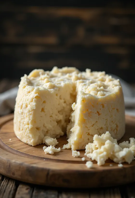 Šviežias Pecorino sūris baltame keramikiniame dubenyje ant medinio stalo