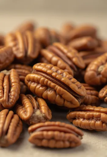 Gliaudyti karijų branduoliai mediniame dubenėlyje ir paberti ant šviesaus paviršiaus