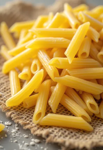 Sausi penne makaronai rievėtu paviršiumi mediniame fone