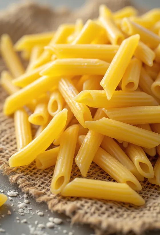 Sausi penne makaronai rievėtu paviršiumi mediniame fone