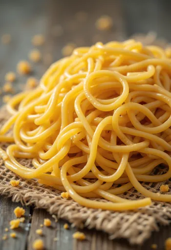 Džiovinti ramen makaronai išdėlioti ant medinio paviršiaus