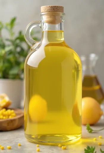 Rapsų aliejus stikliniame butelyje ir dubenėlyje šviesiame fone