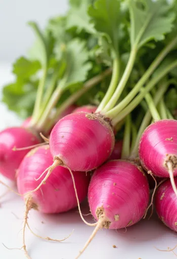 Švieži raudoni ridikėliai su žaliais lapais ant pjaustymo lentelės, taip pat ir supjaustyti