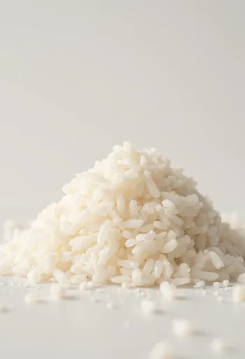 Nevirti ryžių manai šviesiais grūdeliais keraminiame dubenėlyje ant medinio paviršiaus