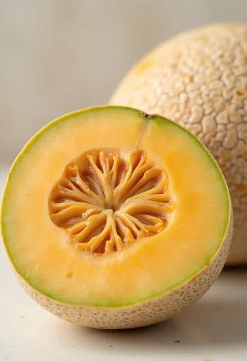 Pjaustytas melionas oranžiniu minkštimu ir sėklomis ant medinio paviršiaus